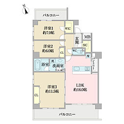 グラビスコート流山 3LDKの間取図画像