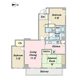ヴィルヌーブ南越谷Ａ棟 9階3LDKの間取り