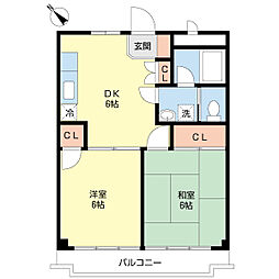 オーシャンブライト 1階2DKの間取り