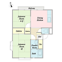 チェリータウンＢ棟 2階2DKの間取り