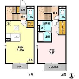 クレストスクエアA・B・C・D・E・F 1階1LDKの間取り