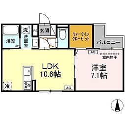 セレスティア大谷田II 2階1LDKの間取り