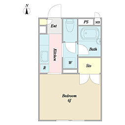 ブラウンオークス 2階1Kの間取り