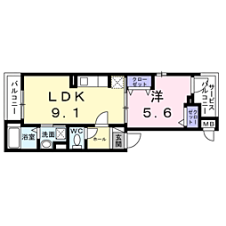 プチジャルダン 2階1LDKの間取り