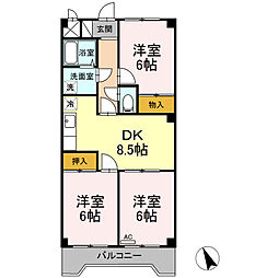 サザンハピネス 6階3DKの間取り