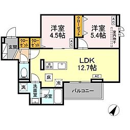 セレスティア細田C 1階2LDKの間取り