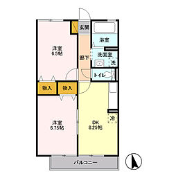 ハイムシンフォニアA棟 2DKの間取図画像