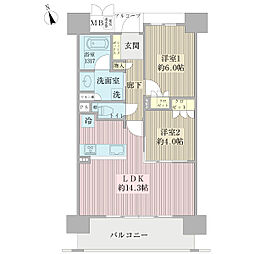 ザ・クイーン新梅田 2階2LDKの間取り