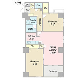 プロシード新瑞橋 8階2LDKの間取り