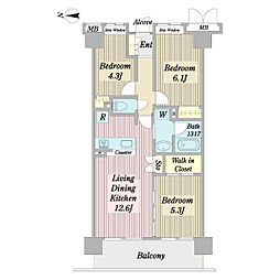 コスモ錦糸町グランステージ 4階3LDKの間取り