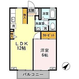 リバーサイド向山 2階1LDKの間取り