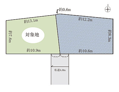 区画図：・東側隣地116.99平米　1、480万円と一括購入可(合計坪数：約69.5坪　私道持分22.56平米付き)