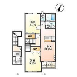 エルフ・ソレイユI 2階2LDKの間取り
