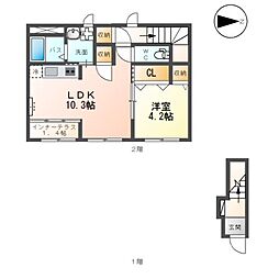 グリュック深沢 2階1LDKの間取り
