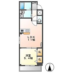 ラ・ベルヴィ 2階1LDKの間取り