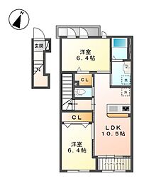ハーモニーヒルズ 2階2LDKの間取り