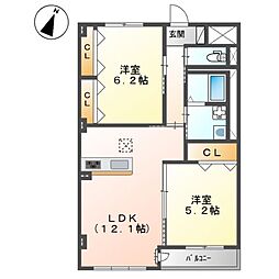 ソレアードII 1階2LDKの間取り