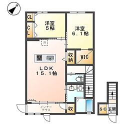 グランディール　Ａ 2階2LDKの間取り