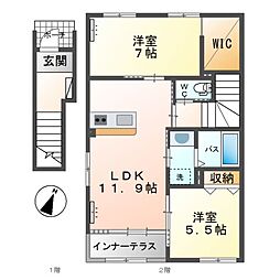 カーサ牛田本町 2階2LDKの間取り