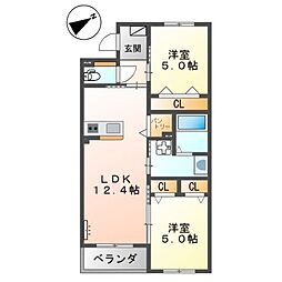 エーグレイス中広 2LDKの間取図画像