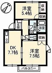 カーサ・ビアンカ 2階2DKの間取り