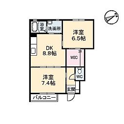 パインデュー　Ａ棟 1階2DKの間取り