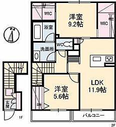 ミラベル古江 B0202 2階2LDKの間取り