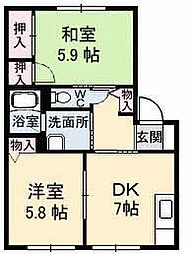 アンジュウデヤD 2DKの間取図画像