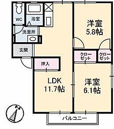 グレースフジB 2LDKの間取図画像