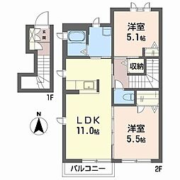 リジエール南屋敷3号館 2LDKの間取図画像