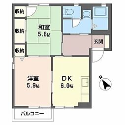 オオスミハイツIII 1階2DKの間取り