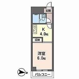 メゾンパストラル 6階1Kの間取り