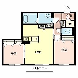 あやべグンゼタウングラン・ブルーQ棟 2LDKの間取図画像
