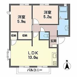 ハイツウッドルA棟 2LDKの間取図画像