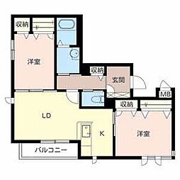テラス新中通 3階2LDKの間取り