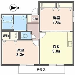 ライジングサン 2DKの間取図画像
