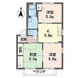 ディアコートＡ・Ｂ・Ｃ・Ｄ・Ｅ・Ｆ 2階3Kの間取り