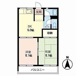サニーハイツB棟 2DKの間取図画像