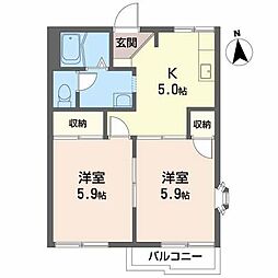 α−サンライズ 2階2Kの間取り