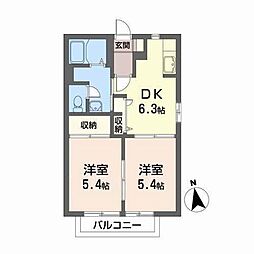 オーセントＥ 2階2DKの間取り