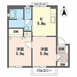 グランソレイユＢ 2階2Kの間取り