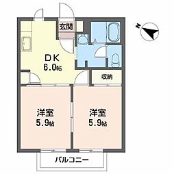 ディアスしもながＳＯ　Ｂ 2階2DKの間取り