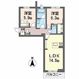 プレミアス長者 2階2LDKの間取り