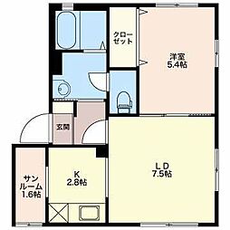 カーサフェリーチェB 1LDKの間取図画像