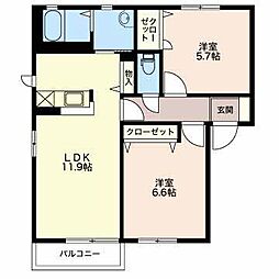 カーサラフィネA棟 2LDKの間取図画像