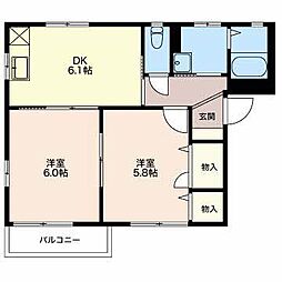 ディアスイースト 1階2DKの間取り