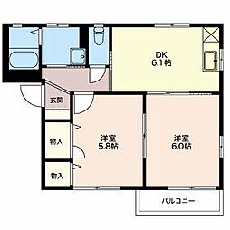 ディアスイースト 1階2DKの間取り