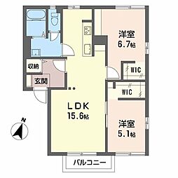 ディアス柏王 1階2LDKの間取り
