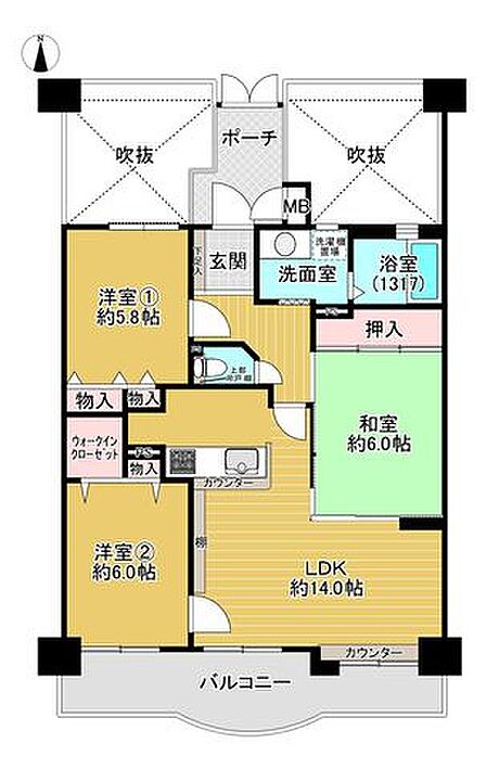 南向きバルコニー付き!和室1部屋+洋室2部屋が配置されており、それぞれにWICを含む収納スペースが備わっています。