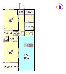 クオーレ 1階2LDKの間取り